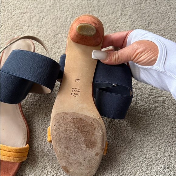 Donald Pliner Colorblock Block Sandals Navy Mustard Suede Slingback Heel size 9 - Picture 4 of 10